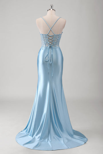 Corsé de sirena azul Tirantes finos Vestido de fiesta largo con apliques